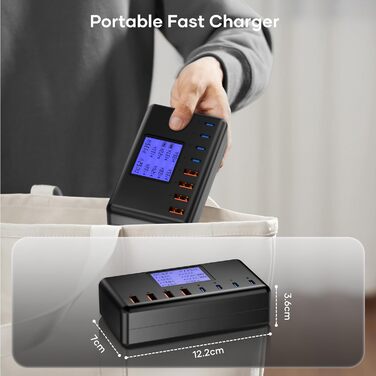 Зарядний пристрій USB-C 152W з LCD дисплеєм, 4x USB-A, 4x USB-C, швидка зарядка для iPhone 16, iPad, Samsung та інших пристроїв - Чорний