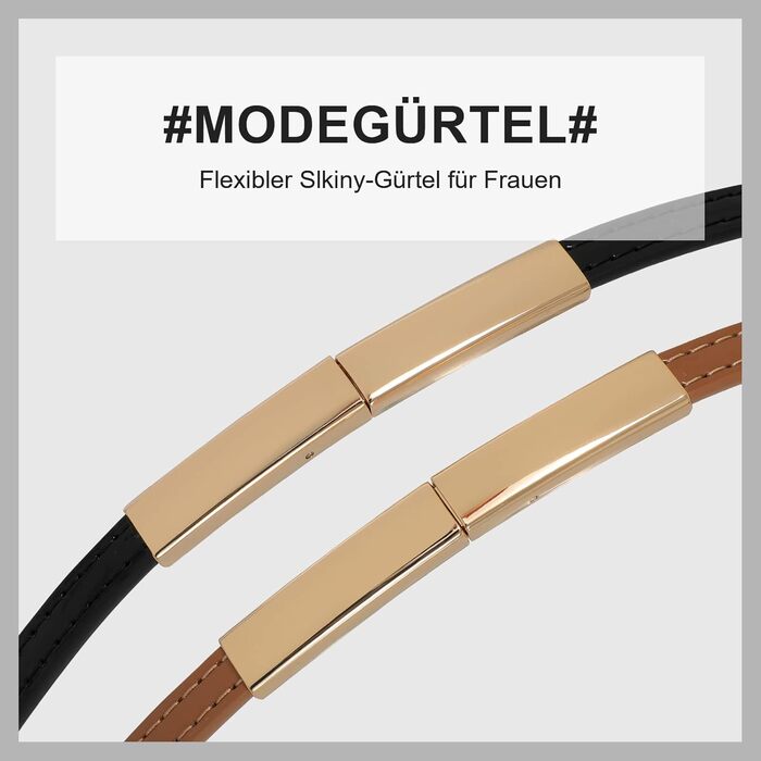 Жіночі тонкі ремені WHIPPY, 2 шт. - регульовані шкіряні пояси з золотистою блискавкою для суконь, 105 см (для талії до 95 см), чорний/коричневий
