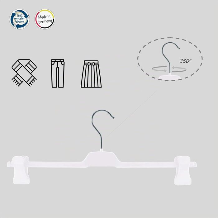 Вішалки для штанів RSR-Hangers® білі, 20 шт, XL PUC, пластикові пліччики з регульованими протиковзкими затискачами, 42 см, поворотний гачок 360°, Made in Germany