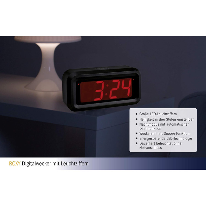 TFA Dostmann ROXY Digital Alarm Clock/Digital Clock/Table Clock, 60.2024.10, with Snooze Function, with Alarm Function, energy-saving LED technology, anthracite, L 130 x W 41 x H 65 mm
