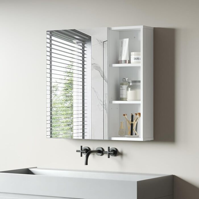 Bathroom cabinet with mirror, mirror cabinet for the bathroom wall-mounted with toothbrush holder and adjustable shelves, ventilation design, 65 x 15 x 65 cm, White