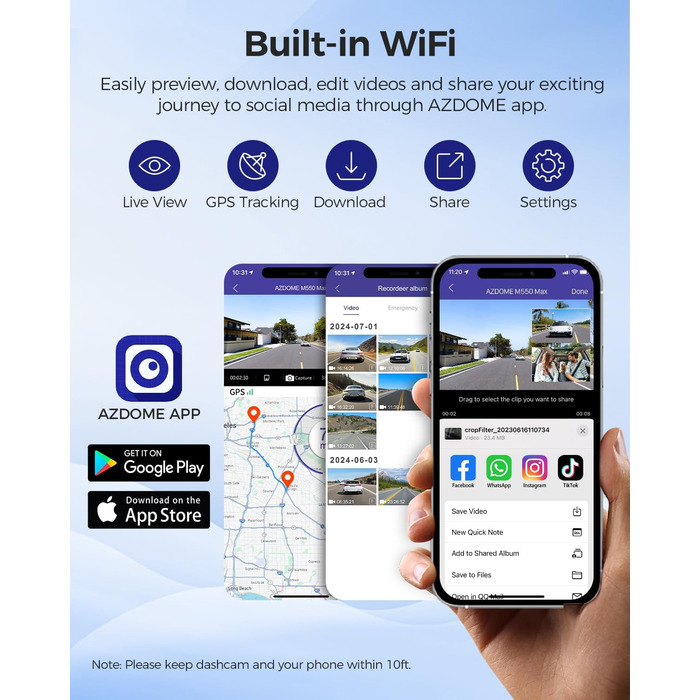 Відеореєстратор AZDOME M550 MAX 4K+ з двома камерами, WiFi, GPS, нічне бачення, паркувальний режим, 64GB SD, WDR, G-сенсор, 3.19”