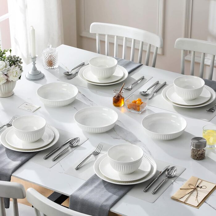 MALACASA LEILA Набір посуду на 6 осіб, 24 елементи: тарілки, миски, порцеляна, ручна робота, для мікрохвильовки та посудомийної машини, білий