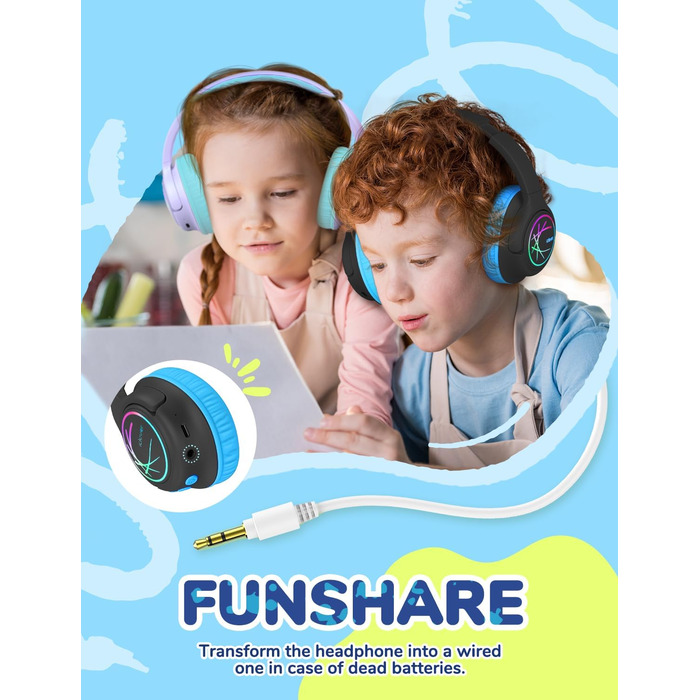 iClever Бездротові навушники для дітей з LED-підсвіткою, обмеження гучності 74/85дБ, 43 години роботи, стерео звук, Type-C, AUX-кабель, Bluetooth 5.3, для планшетів/подорожей (Чорний та фіолетовий)