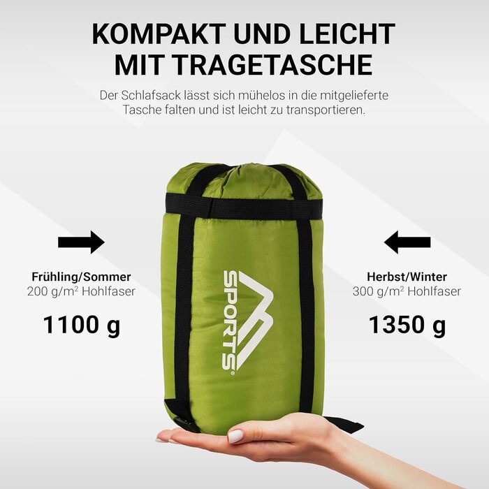 Спальний мішок MSports Premium Outdoor з ременем для перенесення - вибір на весну/літо (200 GSM) або осінь/зима (300 GSM) для кемпінгу, подорожей, фестивалів - теплий мумієподібний спальник оливкового кольору 300 GSM - для осені/зими