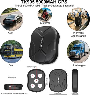 GPS-трекер TKMARS TK905 для авто, магнітний, водонепроникний, без абонплати, 90 днів автономної роботи, 5000 мА·год, з безкоштовним додатком