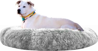 Крісло-гніздо для собак XXXL, кругле, знімний, пральний чохол, анти-тривожне, штучне хутро, м'яке, комфортне, пухнасте ліжко для домашніх тварин (115 см, сірий)