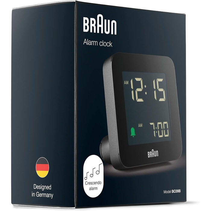 Braun Digital Alarm Clock with Snooze Function, Negative LCD Display, Quick-Set Function, Crescendo Alarm in Black, Model BC09B.