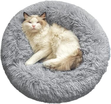 М'яке ліжко для котів та собак: кругле, плюшеве, миється, 70см/60см, білий/світло-сірий