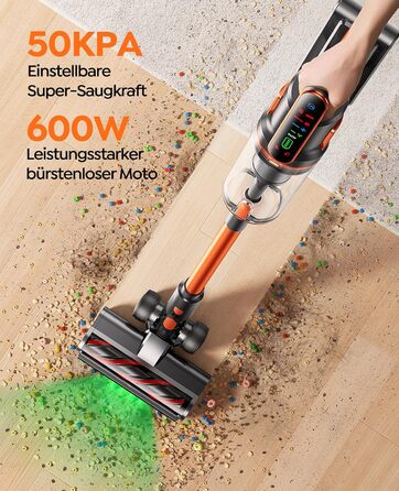 Бездротовий пилосос Fieety з акумулятором, 600W, 50kPa, 65 хв роботи, док-станція на стіні, ароматерапія, автоматичний режим, сенсорний дисплей, висувний шланг 1 м для твердих поверхонь, килимів, шерсті тварин та авто