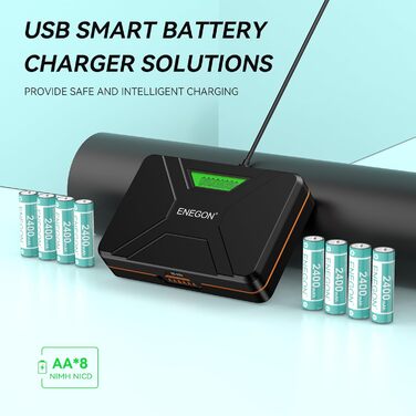 Зарядний пристрій ENEGON 8-Fach LCD для AA/AAA акумуляторів + 8 AAA Ni-MH 1100mAh + USB-C станція – для пультів, термометрів та електроніки