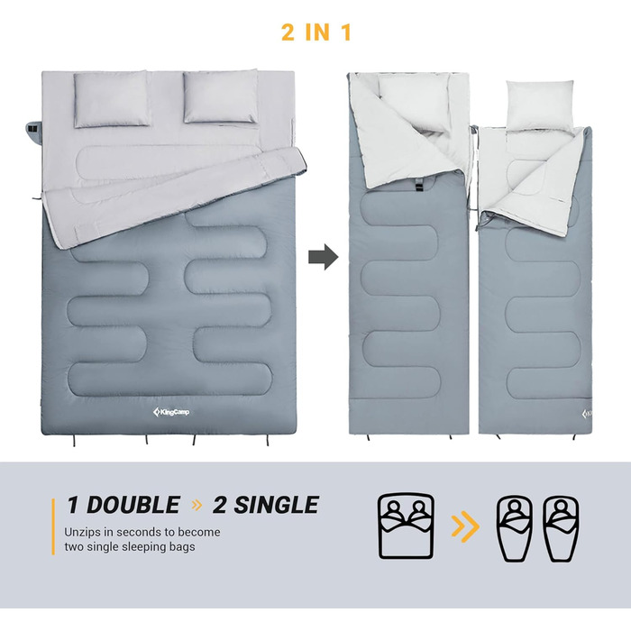 KingCamp Double Sleeping Bag - Winter Adult Sleeping Bag for 2 People with Carry Bag - Outdoor Camping (Gray)