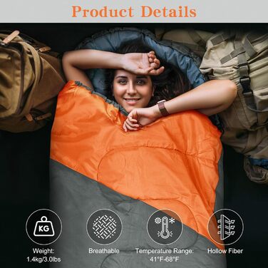 Yarmiene 3-4 Season Sleeping Bag - Adult & Kids Outdoor Sleeping Bag, Rectangular, Warm & Portable for Camping & Hiking (Gray & Orange)