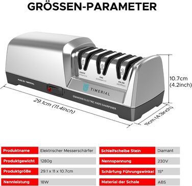 Електричний точило для ножів TIMERIAL з алмазними дисками 3-х ступенів, 15° кут, для сталевих кухонних ножів, 120/600/1000 grit