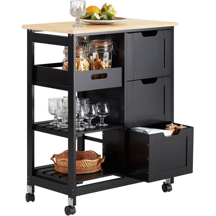 SoBuy Rolling Kitchen Cart with 2 Removable Shelves and 1 Tray - White/Black