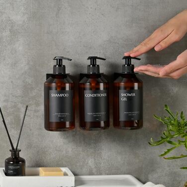 Набір з 3 сеппенсерів для кріплення на стіну, 500 мл, дозатори шампуню та гелю для душу, чорний колір, без свердління, для кухні та ванної кімнати (коричнева пляшка + чорна головка)
