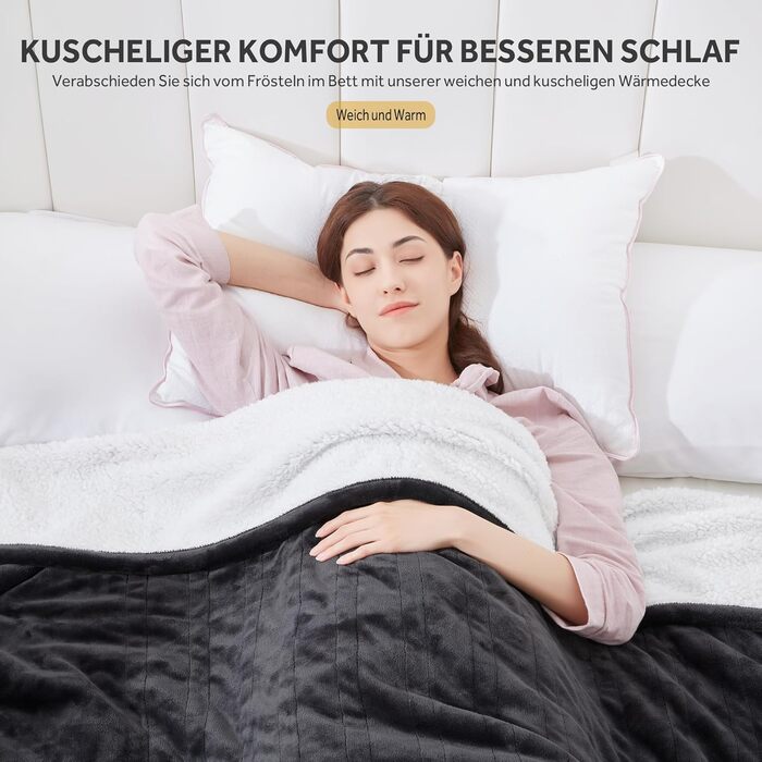 Електрична ковдра Warmrest, 130x180 см, фланель-шерпа, 6 температурних режимів, таймер, захист від перегріву, машинне прання