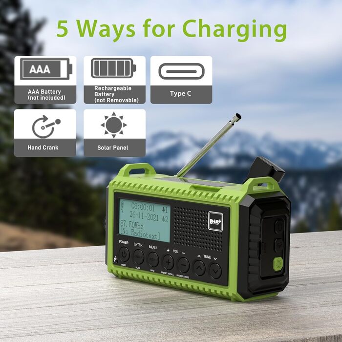 Радіоприймач Kurbelradio з DAB+/DAB/UKW, акумулятор 5000mAh, ліхтарик, SOS-сигнал, зарядка USB, динамо, FM, для кемпінгу та подорожей