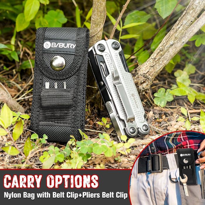 BIBURY Multitool Pliers, Stainless Steel Multi Tool with Improved Wire Cutter & Screw Driver, Folding Self-Locking Multitools with Nylon Pouch for Camping, Hiking, Survival, Gift for Men, Dad