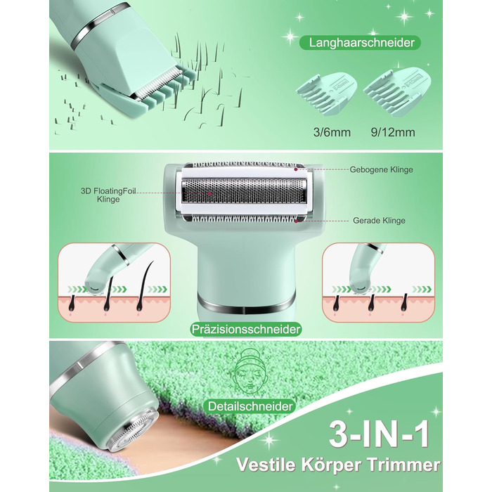 Електричний жіночий триммер 3-в-1 для тіла та обличчя, водонепроникний, зелений
