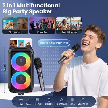Караоке машина з 2 мікрофонами, портативна Bluetooth колонка з LED-підсвіткою, чорна