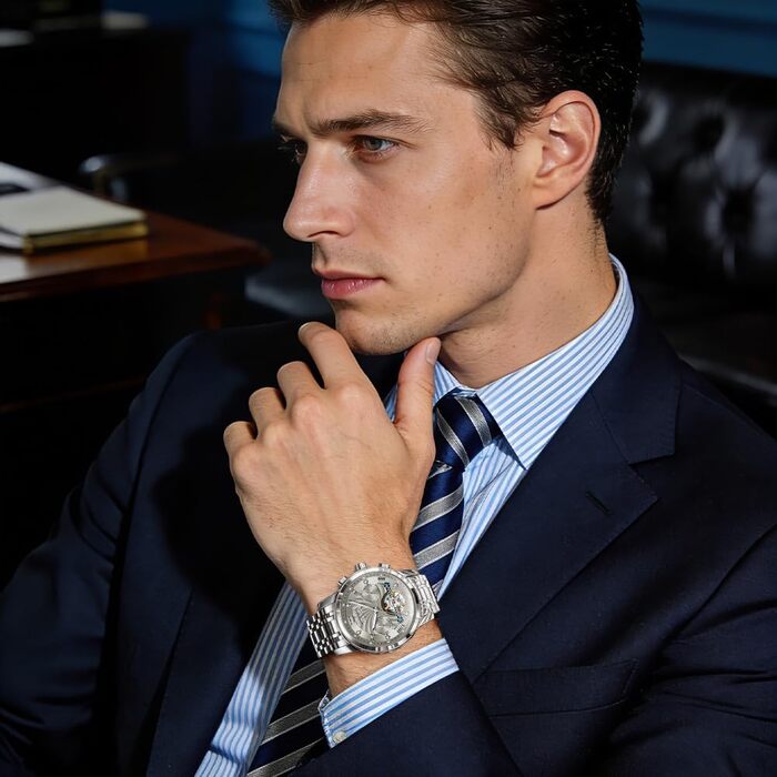 Чоловічий механічний годинник OLEVS 7088 з автопідзаводом, турбійоном та календарем, водонепроникний, сріблясто-сірий