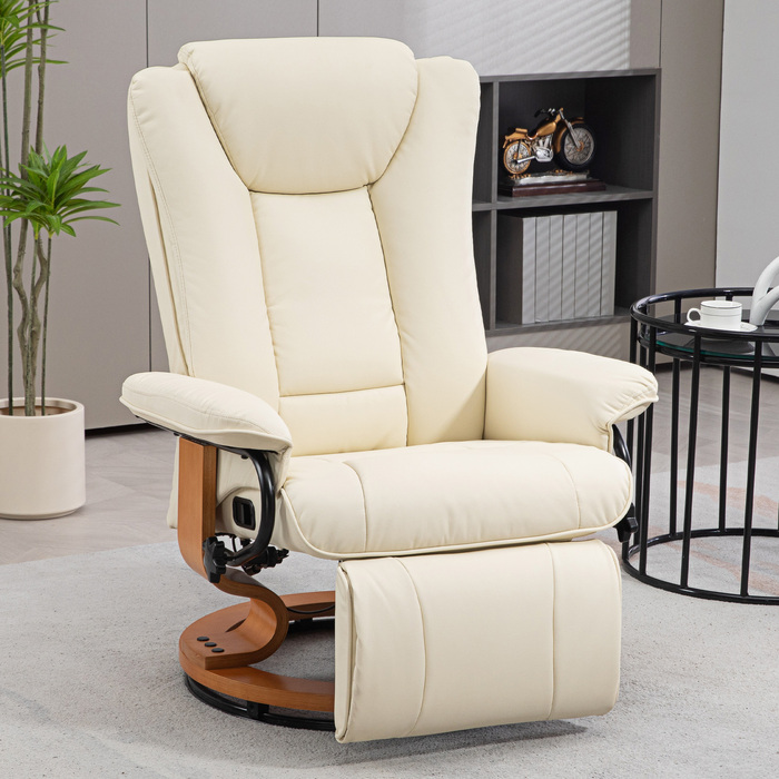 HOMCOM Reclining Swivel Armchair, TV Chair with Reclining Function and Footrest up to 150 kg, Faux Leather in Cream White for Living Room