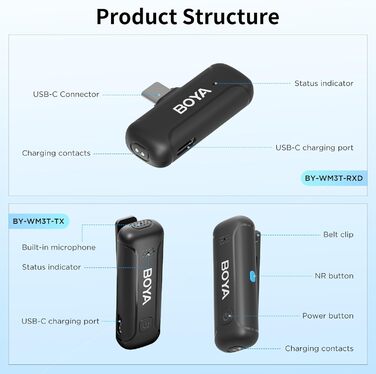BOYA BY-WM3T-U2: Бездротовий петличний мікрофон з USB-C для Android/iPhone - 100м, 32год, шумозаглушення