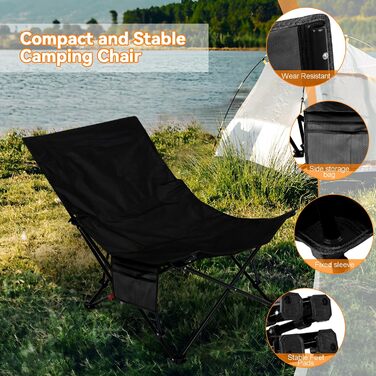 Крісло для кемпінгу складне, до 150 кг, легке, регульоване, з сумкою, для відпочинку на природі, риболовлі, саду, пляжу, піших прогулянок (Чорний)