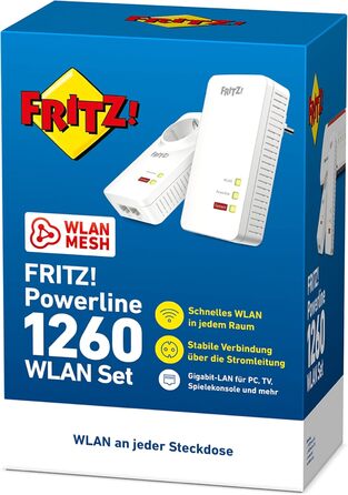 Набір FRITZ!Powerline 1260/1220 WLAN: точка доступу Wi-Fi, для медіа та NAS, 1200 Мбіт/с
