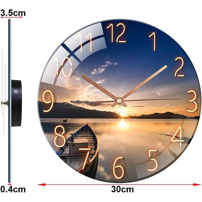 ALEENFOON Wall Clock, Glass, 30cm, Silent, Non-Ticking, Decorative Round Wall Clock for Living Room, Kitchen, Bedroom, Hallway, Office (Sunset)