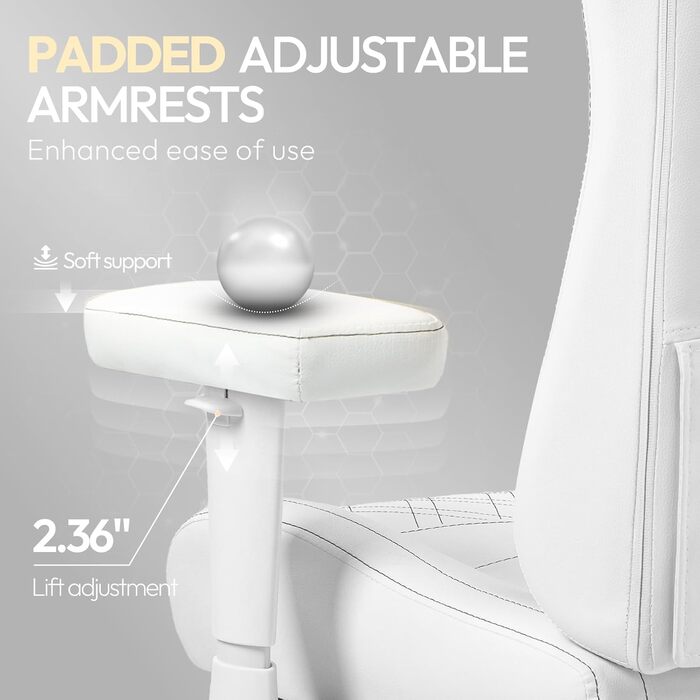 Ігровий крісло Dowinx з масажем та підігрівом, дихаюча спинка, регульована підставка для ніг, підтримка спини та шиї (Білий)