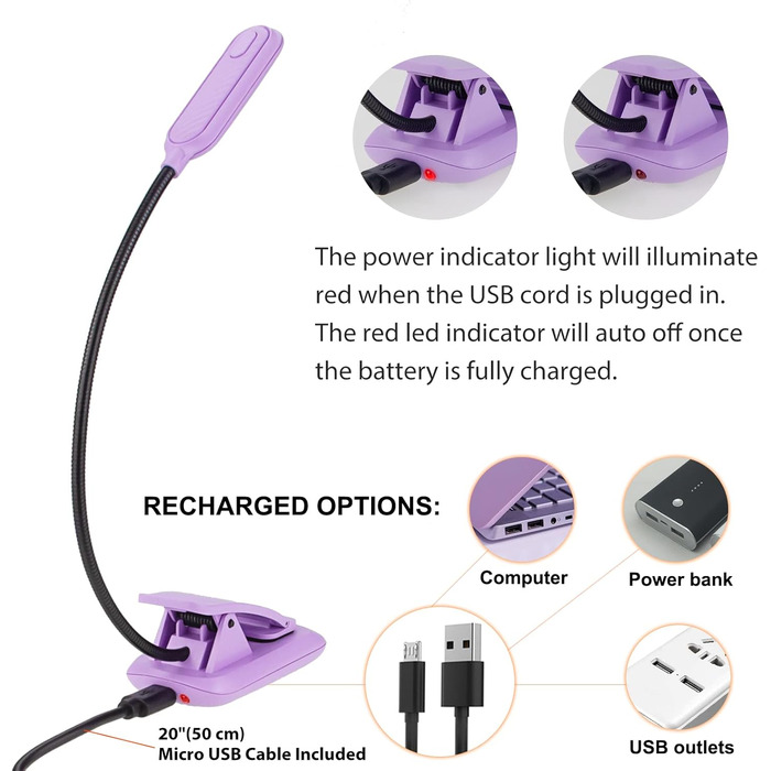 Ліхтарик для читання BIGMONAT з USB зарядкою, кліпсою, 6 LED, 3 режими світла, регульована яскравість, гнучкий на 360° фіолетовий