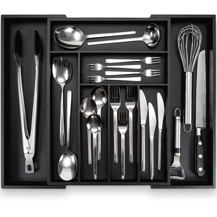 Органайзер для кухонних ящиків Besteckkasten #47 (глибина 47 см) з бамбука, чорний - висувний, система організації для столових приборів