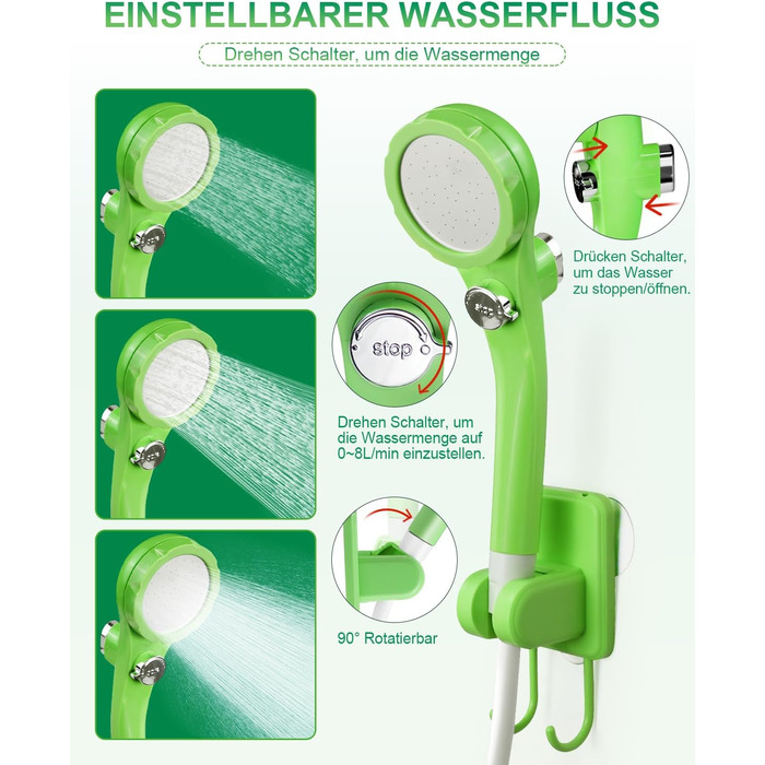 AUTOPkio Camping Shower with Battery, Upgraded Camping Shower 4500mAh Rechargeable Pump, IPX7 Waterproof for Camp, Outdoor, Hiking, Car Washing, Pet (Green)