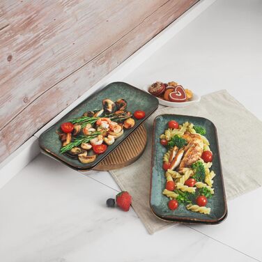 Набір керамічних тарілок YA JU (4 шт.) для основних страв, стейків, пасти, ризотто та закусок. Мікрохвильова піч, духовка, мийка посуду, стійкість до подряпин. Чорний прямокутний посуд