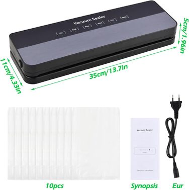 Вакуумний пакувальник Focenat 5-в-1, 65 KPA, для зберігання продуктів, з 10 пакетами, зварювальна швейна лінія 30 см