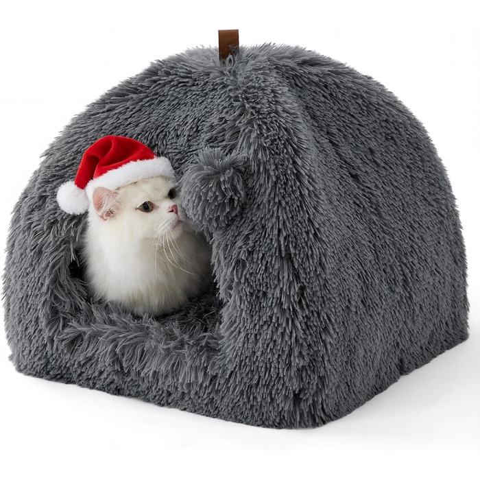 Ліжко для котів BEDSURE велике, 44x44x44 см. М'яке котяче будиночок з подушкою та іграшкою. Легко миється, сірий колір.