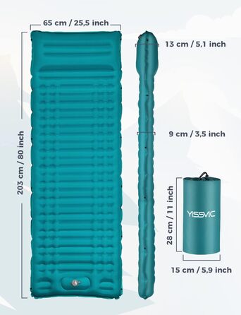 Надувна туристична матрац Yissvic Isomatte для кемпінгу з самонадуваністю та помпою, водонепроникна, блакитна