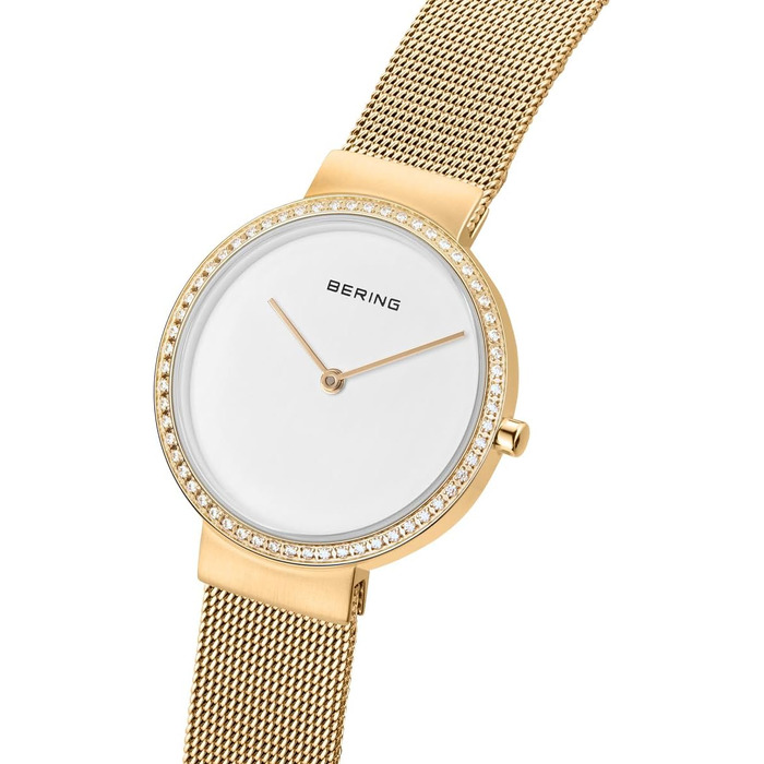 Жіночий кварцовий годинник Bering Minimalist 14531: сталевий корпус 31 мм, міланський ремінець, сапфірове скло, водозахист 5 ATM