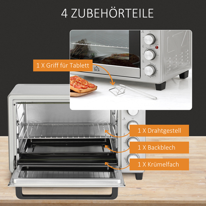 HOMCOM Mini Oven 32L, 1600W, Electric Oven with Grease/Drip Tray, Stainless Steel & Glass, Silver, 52.2x38.1x33.5cm | Aosom