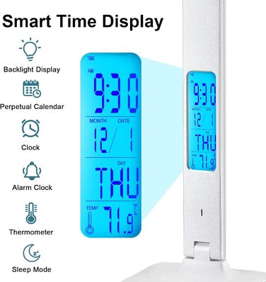 LED настільна лампа з бездротовою зарядкою та USB-портом, диммування, годинник, 3 режими освітлення, Tx26cwhite-eu