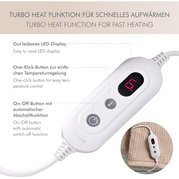 Електрична гріюча ковдра Promed з автовимкненням, миюча, 180x130 см, 10 температурних режимів, для шиї, плечей та спини (Бежева)