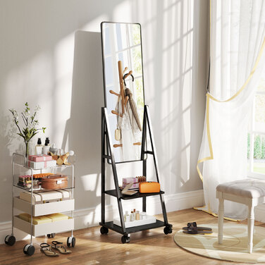 HOMCOM Full Length Mirror, 42 x 155 cm Standing Mirror with Shelf, Standing Mirror with Wheels, Floor Mirror for Bedroom, Living Room, Black | Aosom