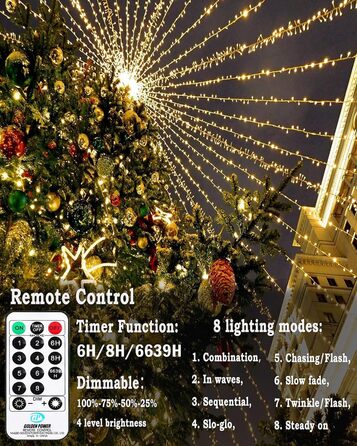 LED гірлянда на батарейках для зовнішнього використання, 100 LED, з пультом дистанційного керування, таймером, 8 режимів, IP65, вологостійка, для декорування саду, вечірки, весілля, Різдва, тепле біле світло (50м)