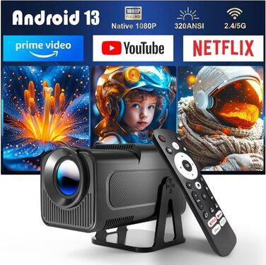 Android 13 проєктор Smart Beamer 1080P з підтримкою 5G WiFi, голосовим асистентом, автоматичною корекцією трапеції та 12000 люмен для домашнього кінотеатру та використання на відкритому повітрі (320ANSI)