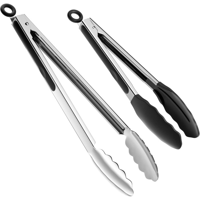 ChefAide Set with 2 Kitchen Tongs, 18/8 Stainless Steel and Silicone Rubber Handles with 600°F High Heat Resistance, Kitchen Utensils, Cooking Utensils for Grilling, Salad, BBQ, Roasting, Baking, Serving, 9/12