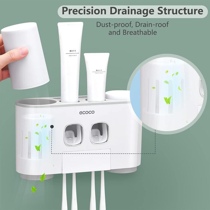Toothbrush holder with toothpaste dispenser, wall-mounted for bathroom, bathroom organizer, storage accessory set for kids with 5 toothbrush holder slots