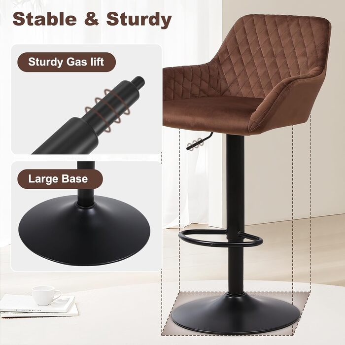Ralex Adjustable Swivel Bar Stools 2-Pack - Velvet Upholstered Counter Height Stools with Backrest & Armrests for Kitchen, Bar & Countertops (Brown)
