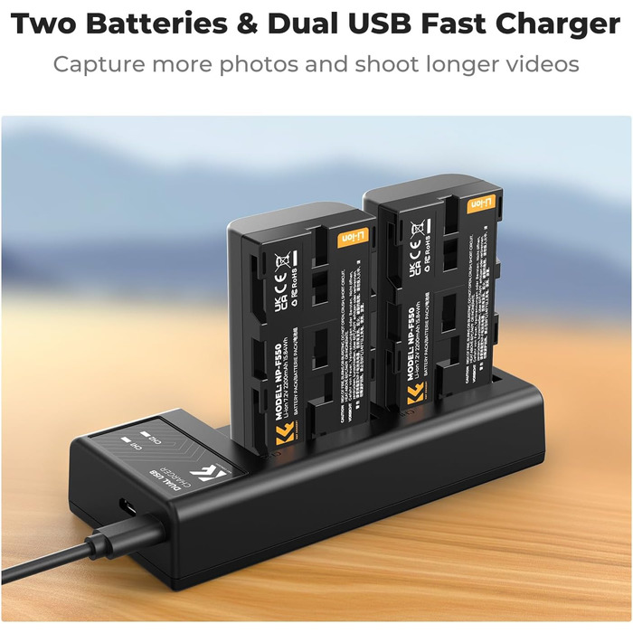 Акумулятори K&F CONCEPT NP-F550 2600mAh (2 шт.) + LED-зарядний пристрій (сумісні з Sony NP-F550)